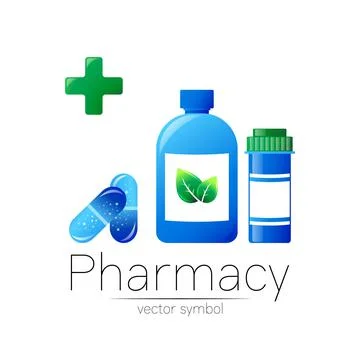 Pharmacy vector symbol with 2 blue pill bottle and tablet for pharmacist, pharma Illustrazione stock