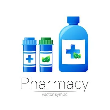 Pharmacy vector symbol with 3 blue pill bottles and cross, leaf capsule tablet Stock Illustration