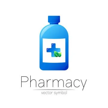 Pharmacy vector symbol with blue bottle and cross, green leaf for pharmacist Stock Illustration