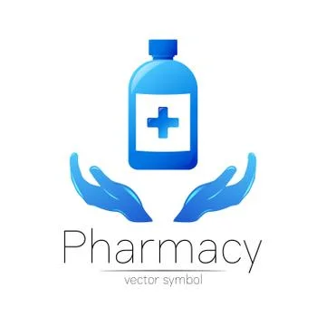 Pharmacy vector symbol with blue bottle and cross on 2 hands for pharmacist Illustrazione stock