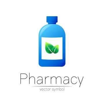 Pharmacy vector symbol with blue bottle and green leaf for pharmacist, pharma Illustrazione stock