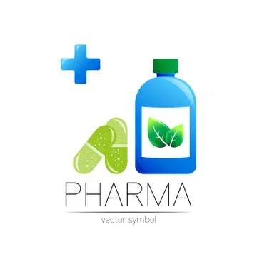 Pharmacy vector symbol with blue bottle and cross in circle, green leaf, for Stock Illustration
