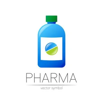 Pharmacy vector symbol with blue bottle and green pill tablet for pharmacist Illustrazione stock