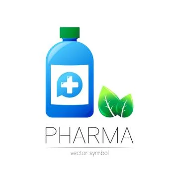 Pharmacy vector symbol with blue bottle and cross in circle, green leaf, for Stock Illustration