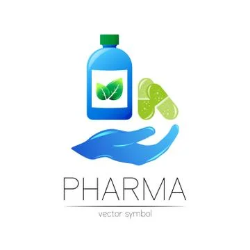 Pharmacy vector symbol with blue bottle and green leaf, pill capsule on hand for Stock Illustration