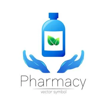 Pharmacy vector symbol with blue bottle and leaf on 2 hands for pharmacist Stock Illustration