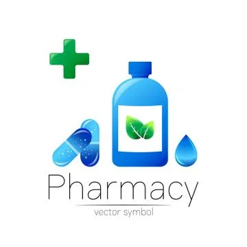Pharmacy vector symbol with blue bottle and cross, green leaf and drop, pill Stock Illustration