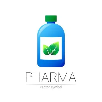 Pharmacy vector symbol with blue bottle and green leaf for pharmacist, pharma Stock Illustration