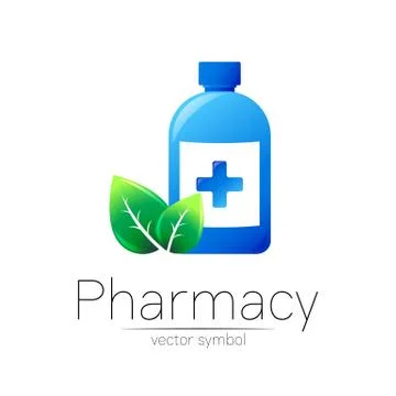 Pharmacy vector symbol with blue bottle and cross, green leaf for pharmacist Stock Illustration
