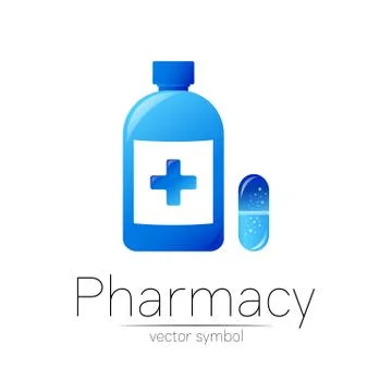 Pharmacy vector symbol with blue bottle and cross, pill capsule for pharmacist Stock Illustration