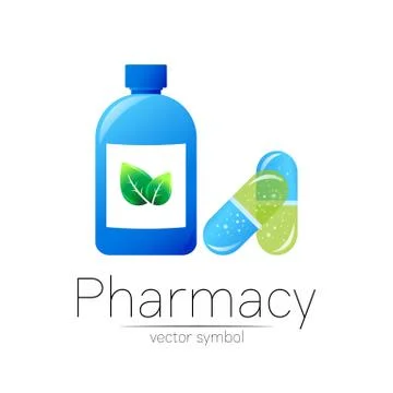 Pharmacy vector symbol with blue bottle and green leaf, pill capsule for Stock Illustration