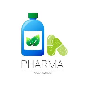 Pharmacy vector symbol with blue bottle and green leaf, pill capsule for Stock Illustration