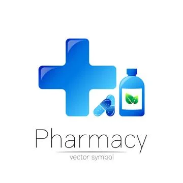 Pharmacy vector symbol with blue bottle and cross in circle, green leaf, for Illustrazione stock