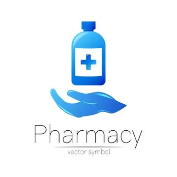 Pharmacy vector symbol with blue bottle and cross with hand for pharmacist Stock-Illustration