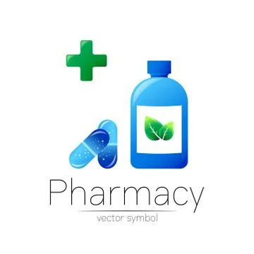 Pharmacy vector symbol with blue bottle and cross in circle, green leaf, for Stock Illustration