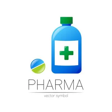 Pharmacy vector symbol of blue bottle with green cross and pill tablet for Stock Illustration