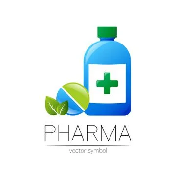 Pharmacy vector symbol of blue bottle with green cross and pill tablet with leaf Stock Illustration