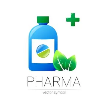 Pharmacy vector symbol with blue bottle and green pill tablet, leaf, cross for Stock Illustration