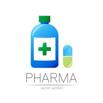 Pharmacy vector symbol with blue bottle and cross, pill capsule for pharmacist Illustrazione stock