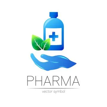 Pharmacy vector symbol with blue bottle and cross, green leaf on hand for Stock Illustration