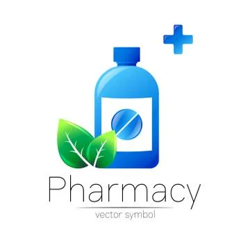 Pharmacy vector symbol with blue bottle and pill tablet, cross and green leaf Stock Illustration