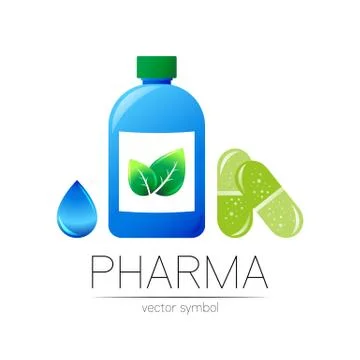 Pharmacy vector symbol with blue bottle, green leaf and drop, pill capsule for Illustrazione stock