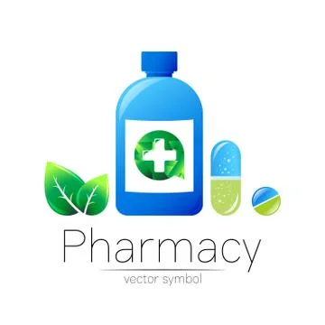 Pharmacy vector symbol of blue bottle with cross and pill tablet capsule and Stock Illustration