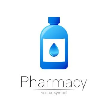 Pharmacy vector symbol with blue bottle and drop for pharmacist, pharma store Stock Illustration