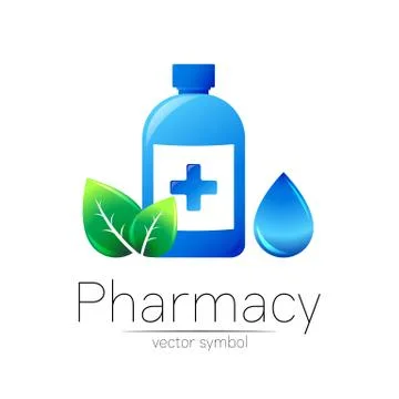 Pharmacy vector symbol with blue bottle and cross, green leaf and drop for Stock Illustration