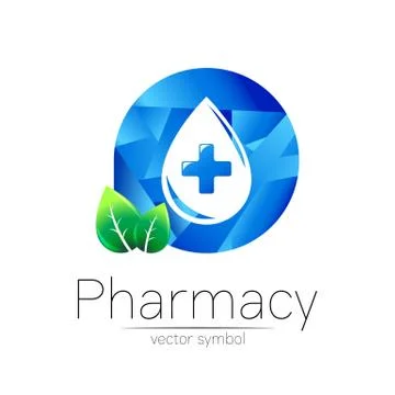 Pharmacy vector symbol of blue drop with cross in circle and leaf for pharmacist Stock Illustration