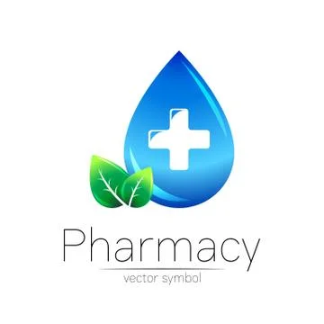 Pharmacy vector symbol of blue drop with cross and leaf for pharmacist, pharma Stock Illustration