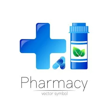 Pharmacy vector symbol with blue pill bottle and big cross for pharmacist Stock Illustration