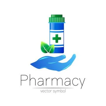 Pharmacy vector symbol with blue pill bottle in hand and cross for pharmacist Stock Illustration