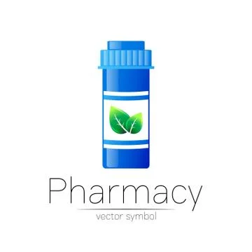 Pharmacy vector symbol with blue pill bottle and green leaf for pharmacist Illustrazione stock