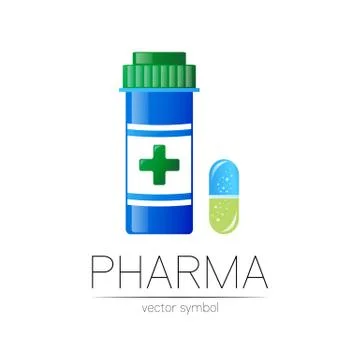 Pharmacy vector symbol with blue pill bottle and capsule tablet for pharmacist Stock Illustration