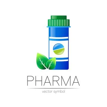 Pharmacy vector symbol with blue pill bottle and tablet, leaf for pharmacist Stock Illustration
