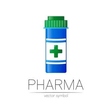 Pharmacy vector symbol with blue pill bottle and green cross for pharmacist Stock Illustration
