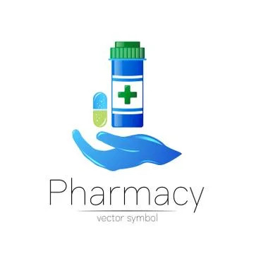Pharmacy vector symbol with blue pill bottle in hand and tablet for pharmacist Stock Illustration