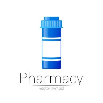 Pharmacy vector symbol with blue pill bottle for pharmacist, pharma store Stock Illustration