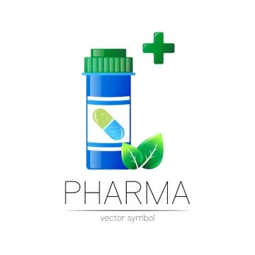 Pharmacy vector symbol with blue pill bottle and green leaf, cross for Stock Illustration