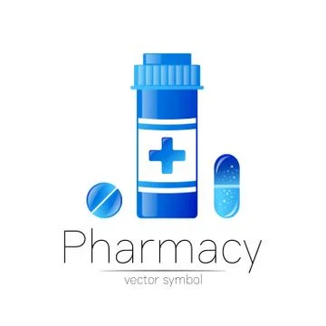 Pharmacy vector symbol with blue pill bottle and tablet for pharmacist, pharma Stock Illustration