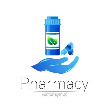 Pharmacy vector symbol with blue pill bottle in hand and tablet for pharmacist Stock Illustration
