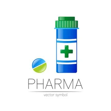 Pharmacy vector symbol with blue pill bottle and tablet for pharmacist, pharma Stock Illustration