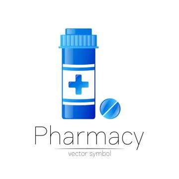 Pharmacy vector symbol with blue pill bottle and tablet for pharmacist, pharma Stock Illustration