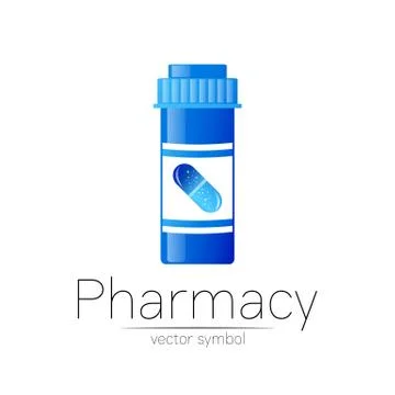 Pharmacy vector symbol with blue pill bottle and capsule tablet for pharmacist Illustrazione stock