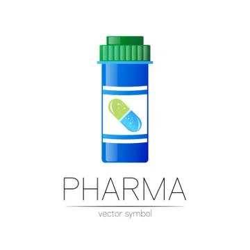 Pharmacy vector symbol with blue pill bottle and capsule tablet for pharmacist Stock Illustration