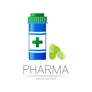 Pharmacy vector symbol with blue pill bottle and green capsule, cross for Stock Illustration