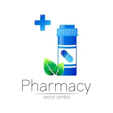 Pharmacy vector symbol with blue pill bottle and green leaf, cross for Stock Illustration
