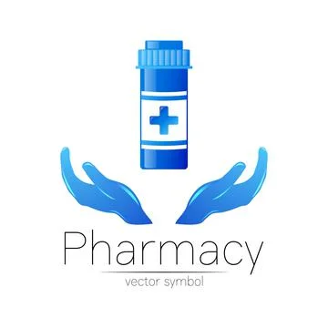 Pharmacy vector symbol with blue pill bottle in hands and tablet for pharmacist Stock Illustration