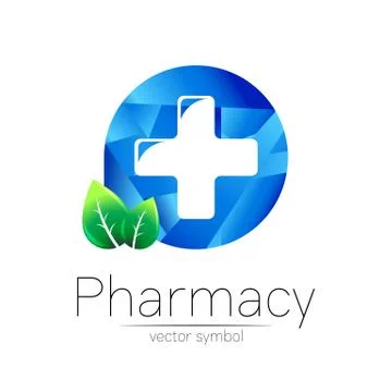 Pharmacy vector symbol of cross in blue circle with green leaf for pharmacist Stock Illustration